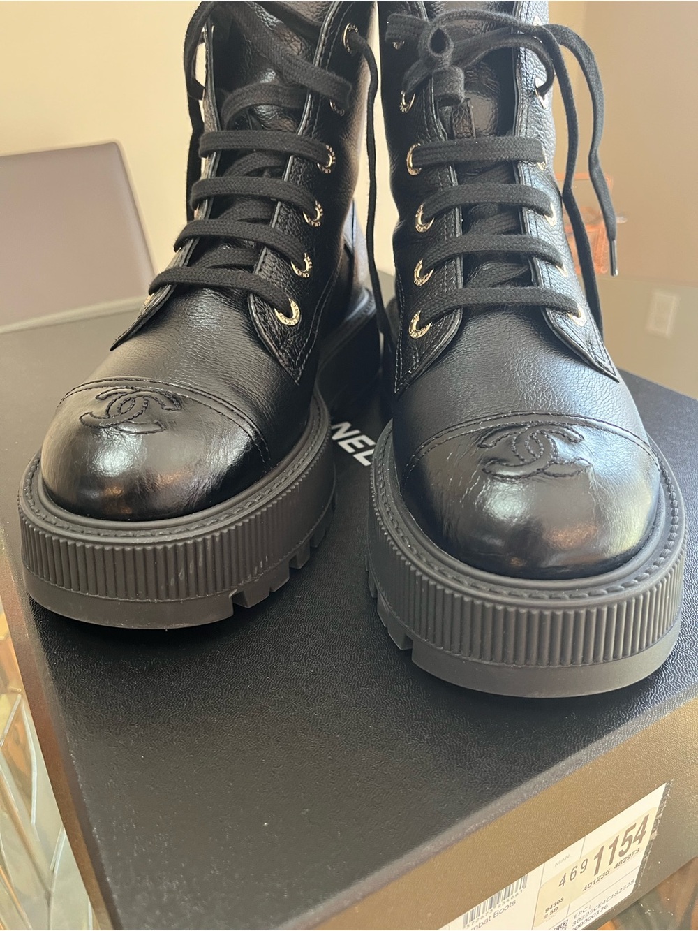 CHANEL Black Leather Lace-Up Platform Ankle Boots with Gold Logo - Picture 5 of 11